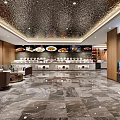 Modern Restaurant Interior With Open Kitchen Marble Floor Display Counters Aquarium And TV Screens