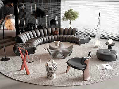 Modern Curved Leather Sofa And Coffee Table Set With Accent Chairs And Area Rug 3d model