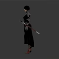 Game And Movie Character In Black Armor With Long Coat Red Boots And Metallic Details