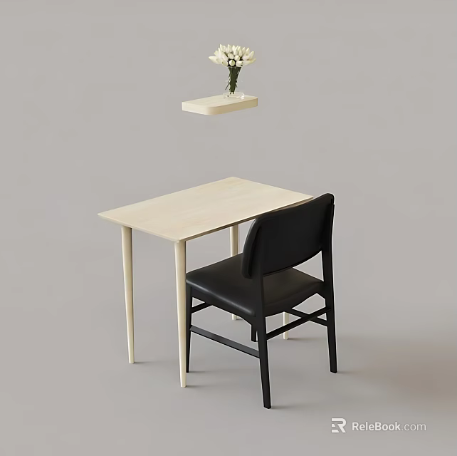 Light Wooden Table And Black Chair Set With Hanging Shelf And White Flowers 3d model 