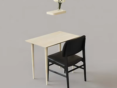 Light Wooden Table And Black Chair Set With Hanging Shelf And White Flowers 3d model