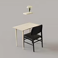 Light Wooden Table And Black Chair Set With Hanging Shelf And White Flowers