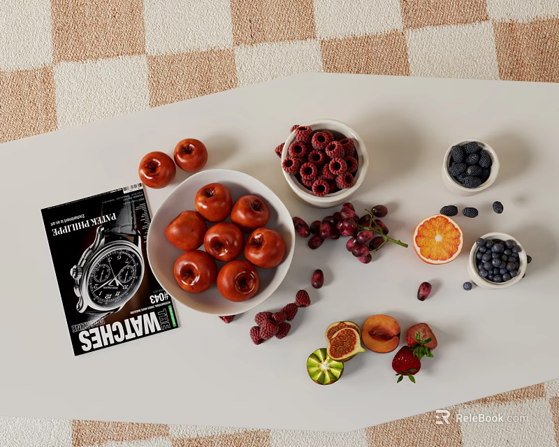 Fresh Assorted Fruits Display with Berries Citrus and Stone Fruits in Bowls 3d model 