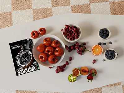 Fresh Assorted Fruits Display with Berries Citrus and Stone Fruits in Bowls 3d model