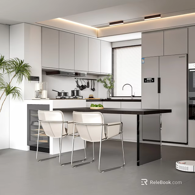 Modern Restaurant Kitchen Interior With Gray Cabinets Black Island Counter White Chairs And Green Plants 3d model 