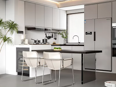 Modern Restaurant Kitchen Interior With Gray Cabinets Black Island Counter White Chairs And Green Plants 3d model