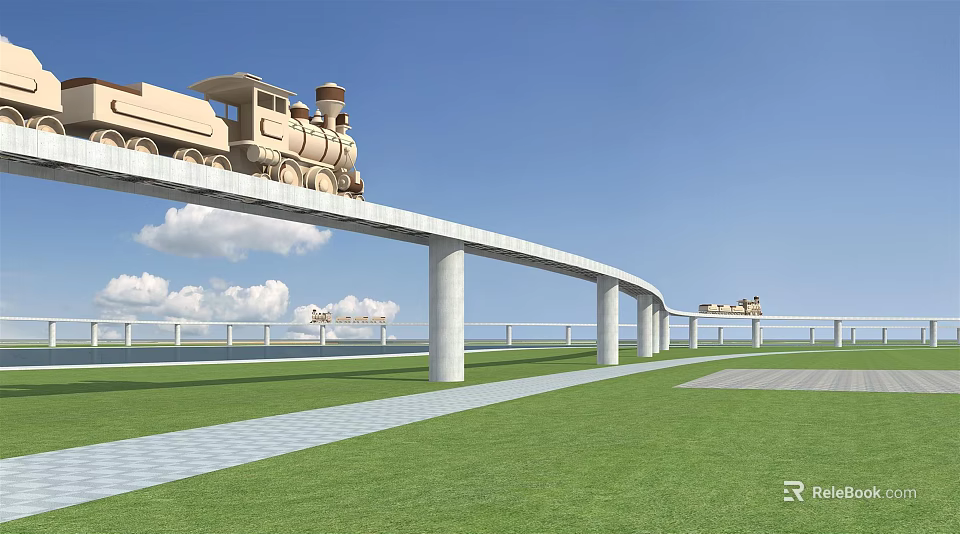 Vintage Steam Train On Elevated Track With White Pillars Over Green Grass Under Blue Sky 3d model 