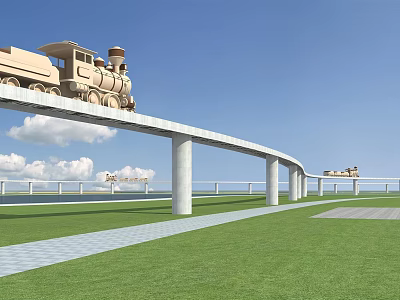 Vintage Steam Train On Elevated Track With White Pillars Over Green Grass Under Blue Sky 3d model