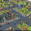 Colorful Cartoon Town Buildings In Various Styles With Streets Cars And Trees