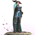 Warrior Character In Blue Cloak With Gold Patterns Winged Helmet Weapon Pink Petals Circular Base