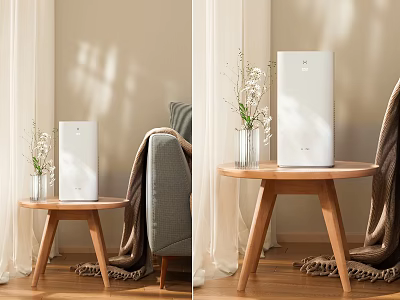 White Air Purifier On Wooden Side Table In Cozy Living Room With Vase And Sofa 3d model