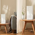 White Air Purifier On Wooden Side Table In Cozy Living Room With Vase And Sofa