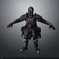 3D Knight Armor Model With Blue And Gold Decorative Details In Standing Pose