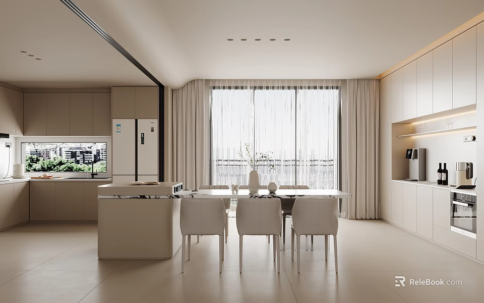 Modern Restaurant Interior With Open Concept White Dining Table Chairs And Large Windows 3d model