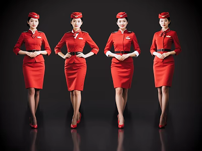 Women in Red Uniforms and Hats Standing with Elegant Posture on Black Background 3d model