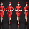 Women in Red Uniforms and Hats Standing with Elegant Posture on Black Background