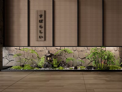 Japanese Style Indoor Landscape With Stone Wall Wooden Screens Lantern Bamboo Ferns And Wooden Floor 3d model