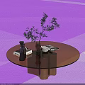 Modern Round Glass Coffee Table with Brass Base Vase Magazine and Green Plant
