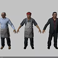 Three Men in Different Outfits Standing Together with Aprons Red Cap and Suit
