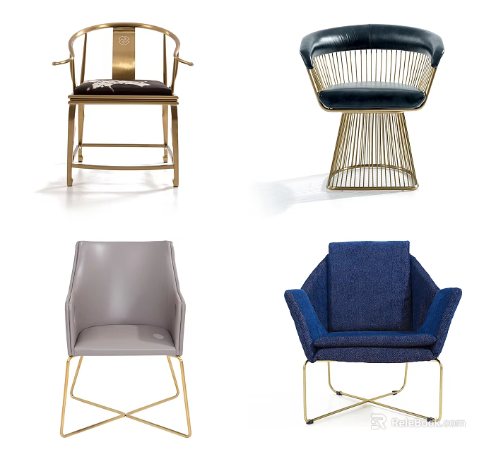 Comfortable Modern Leisure Chairs With Gold Metal Frame And Colorful Upholstered Seats 3d model 
