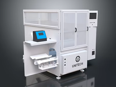 UNITECH Automated Industrial Equipment With White Body Transparent Cabinet Doors Blue Screen And Control Panel 3d model
