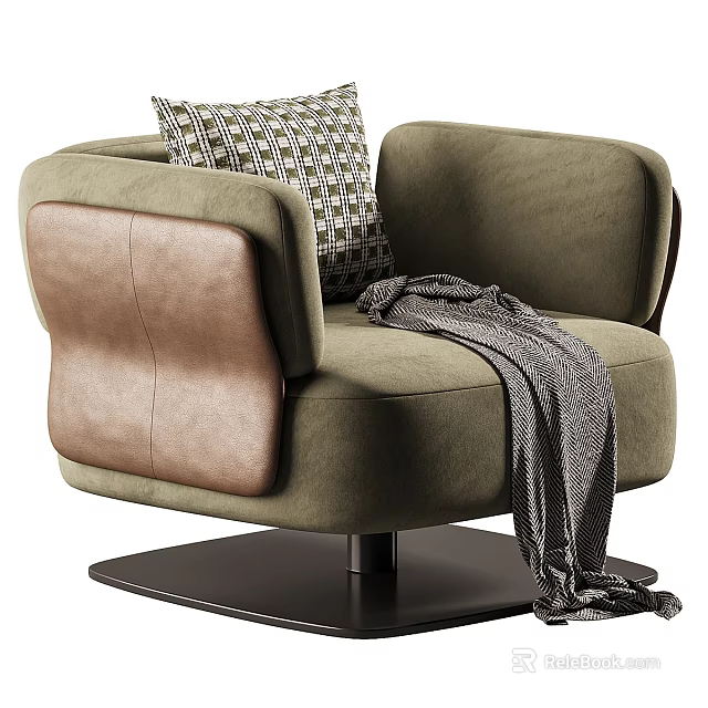 Green Single Sofa with Leather Backrest Geometric Pillow Gray Throw Blanket and Black Metal Base 3d model 