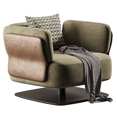 Green Single Sofa with Leather Backrest Geometric Pillow Gray Throw Blanket and Black Metal Base 3d model