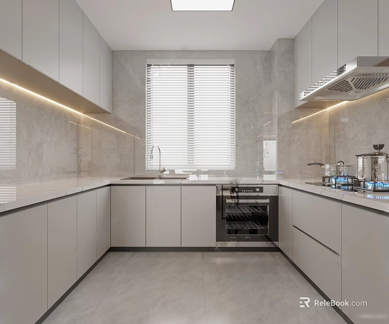 Modern Kitchen Interior Design With White Cabinets Marble Countertops Built in Appliances And Window Blinds 3d model 