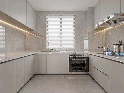 Modern Kitchen Interior Design With White Cabinets Marble Countertops Built in Appliances And Window Blinds 3d model