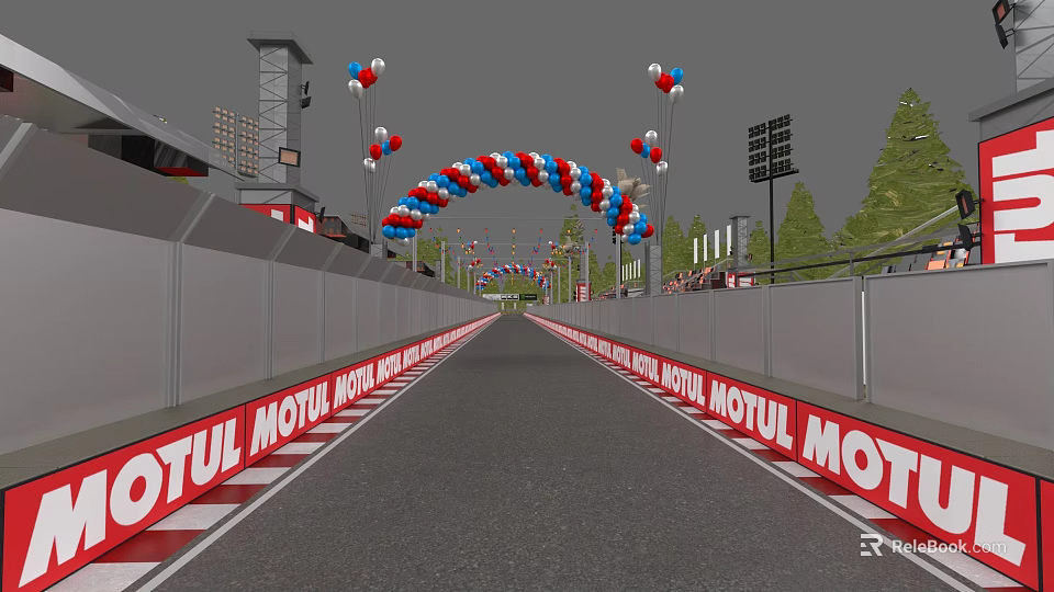 Train Traveling On Track With Red White Blue Balloon Arch MOTUL Signs And Grandstands 3d model 