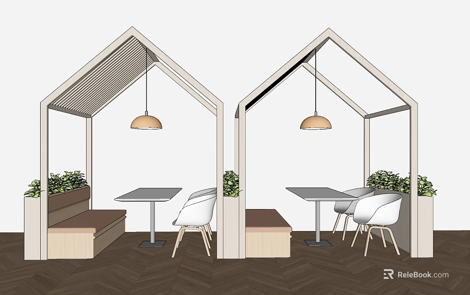 Outdoor Public Chair Space With Wooden Pavilion Table Hanging Lamp And Green Plants 3d model 