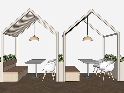Outdoor Public Chair Space With Wooden Pavilion Table Hanging Lamp And Green Plants 3d model