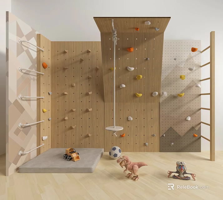 Fun Indoor Play Equipment with Wooden Climbing Wall Colorful Holds Ladder Hanging Ring and Soft Mat 3d model 