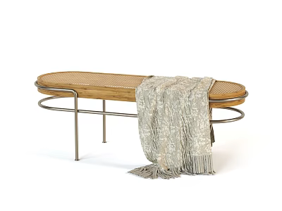 Modern Rattan Stool With Metal Frame And Decorative Blanket On Top 3d model