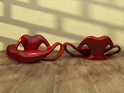 Red Lip Shaped Public Chairs On Wooden Floor With Yellow Wall Light Shadows 3d model