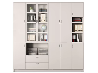 Modern White Bookcase With Multiple Compartments And Drawer Storage Featuring Books Files Globe And Plant 3d model