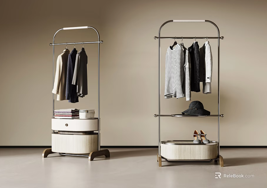 Modern Minimalist Clothes Rack with Hanging Clothes Hat Shoes and Drawer Storage for Books 3d model 