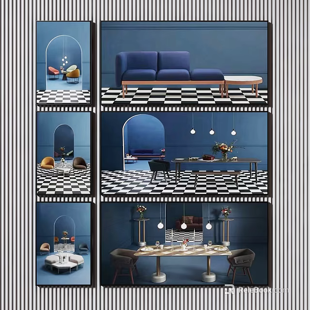 Modern Blue Interior Design Scenes With Checkerboard Floors Sofas And Pendant Lights 3d model
