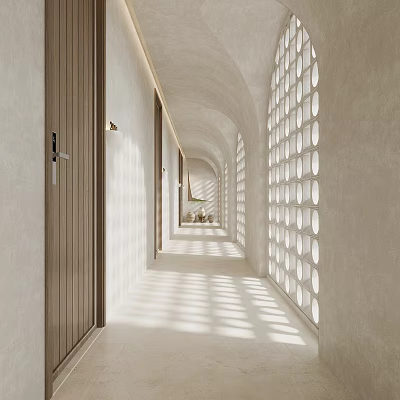 Modern White Hotel Corridor With Arched Design Circular Perforated Walls And Sunlight Streaming Through 3d model