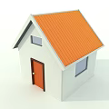 Cartoon Scene of House with Orange Roof White Body Balcony Green Trees and Car