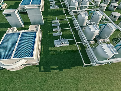 Aerial View Of Industrial Plant With Cooling Towers Storage Tanks Piping Systems On Green Grass 3d model