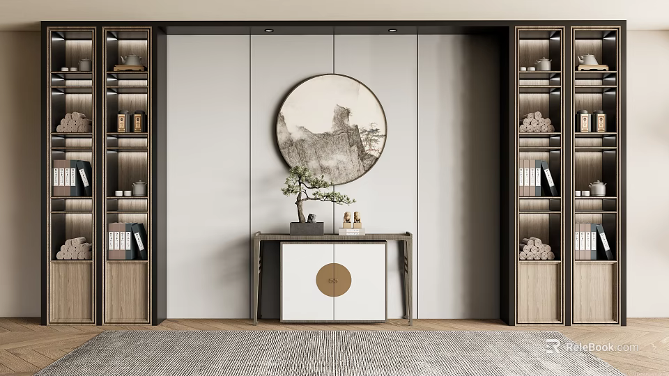 Modern Wooden Bookcase With Circular Landscape Painting Central Cabinet Potted Plant And Shelf Ornaments 3d model 