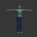 Woman In Green Top And Blue Jeans With Arms Outstretched On Gray Background