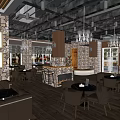 Cozy Café Interior With Stone Wall Wooden Ceiling Chandeliers Comfortable Seating And Framed