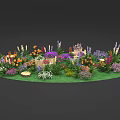 Vibrant Mixed Blossoms on Oval Grass Lawn with Wooden Boxes and Stumps
