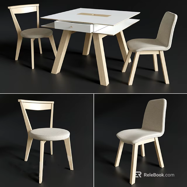Modern Wooden Table and Chair Set with Upholstered Seats and Minimalist Design 3d model 