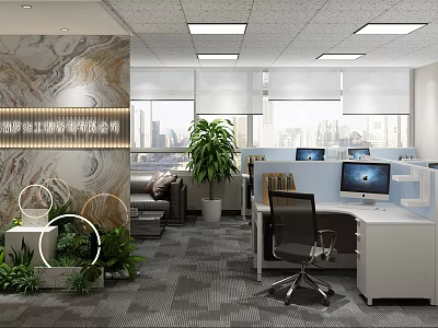Modern Public Office Space With Green Plants Computer Workstations Sofa Lounge And City View Windows 3d model