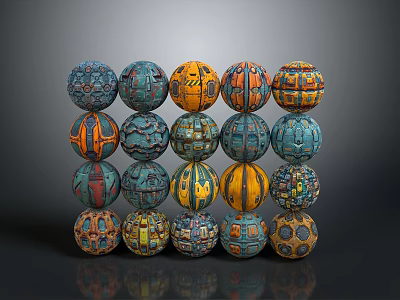 Colorful Decorative Spheres With Intricate Geometric Patterns In Layered Cube Arrangement 3d model
