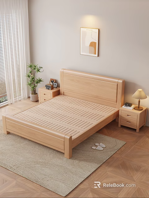 Modern Bedroom Interior With Wooden Bed Bedside Tables Lamp Green Plant Rug And Window Blinds 3d model 