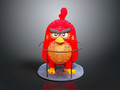 Red Angry Bird Figurine With Angry Expression And Orange Belly On Metal Stand Gray Base 3d model